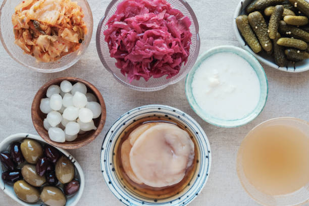 Best fermented foods and probiotic strains for gut health in a colorful spread