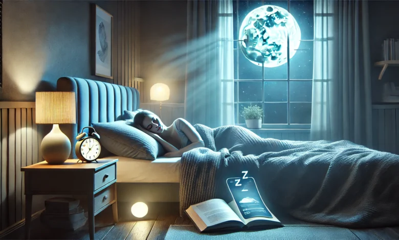 Serene sleep scene enhanced by mobile relaxation apps