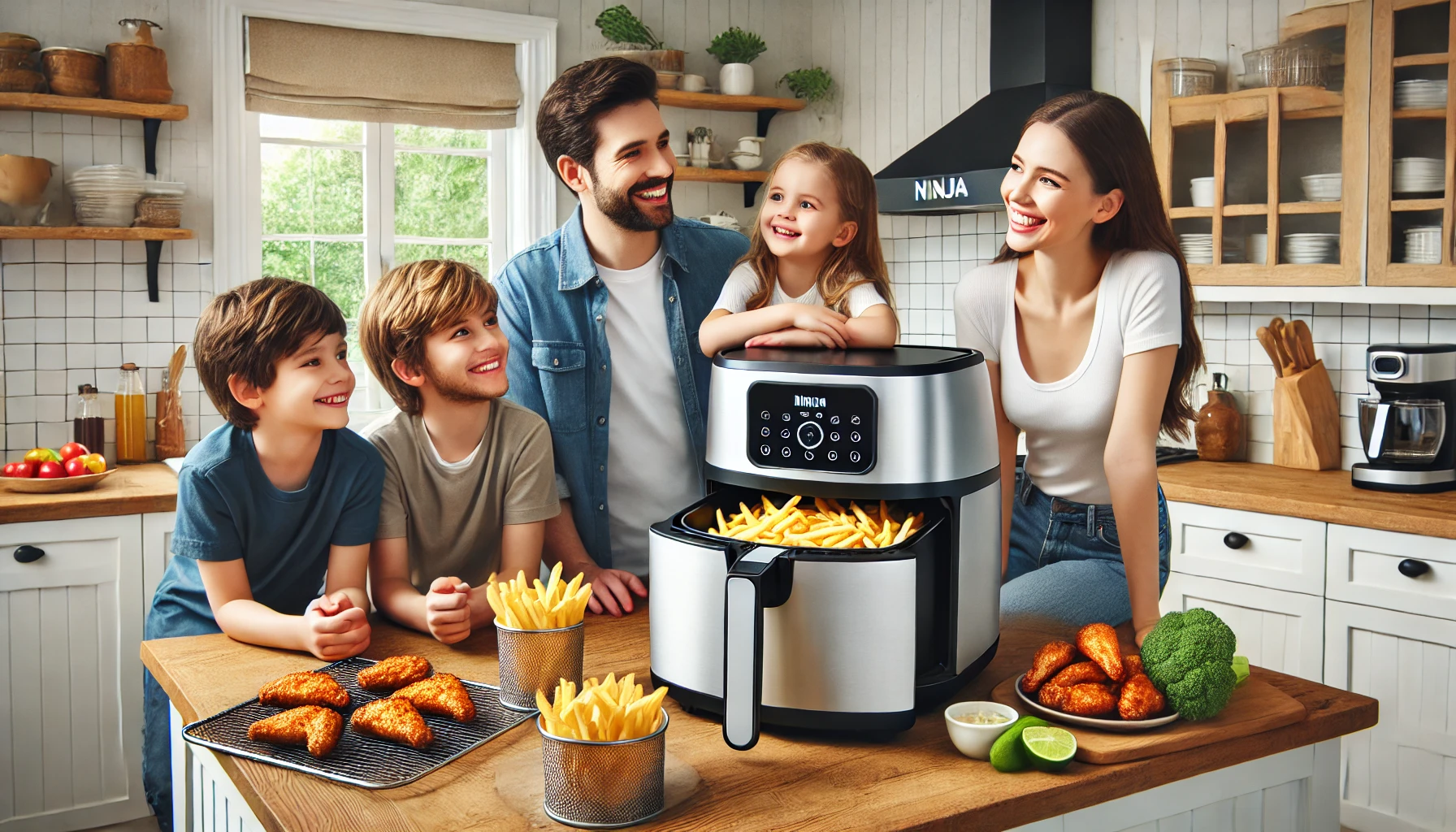 Family using an air fryer in a modern kitchen